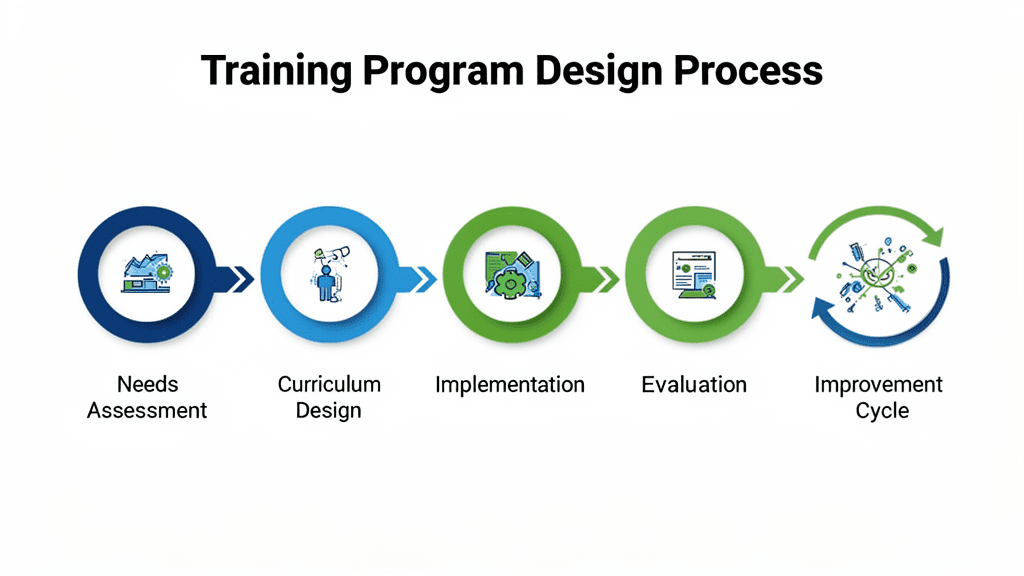 研修設計フローチャート:アセスメントからカリキュラム設計、実施、効果測定までの流れ