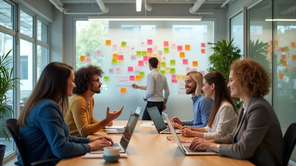 クロスファンクショナルチームがホワイトボードの前で活発にブレインストーミングしている様子