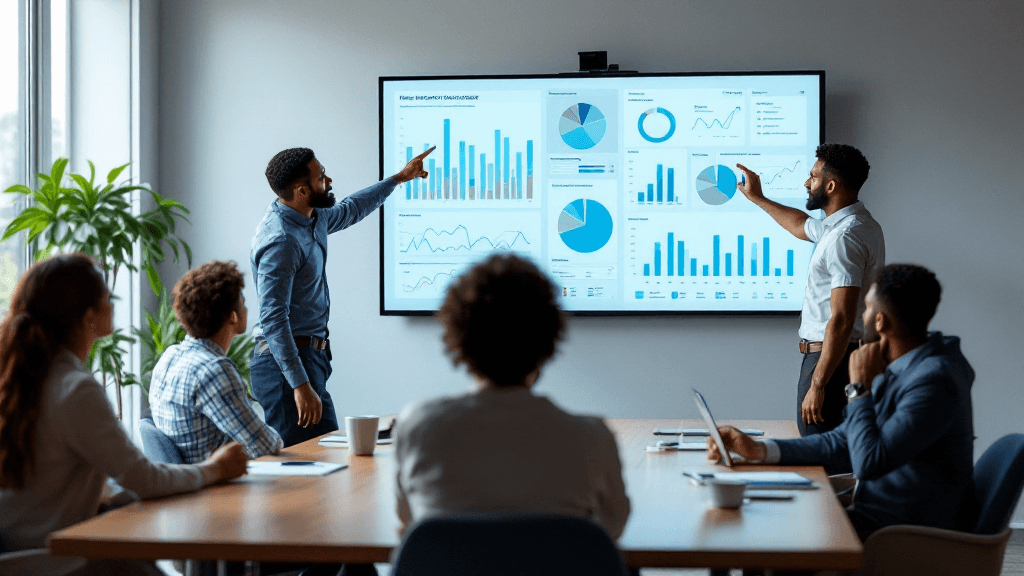 会議室で大型スクリーンのデータビジュアライゼーションを見ながら議論するビジネスチーム
