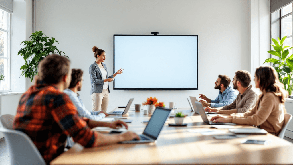 明るい研修室でスクリーンを使いながらDX研修を行うメンターと参加者たち