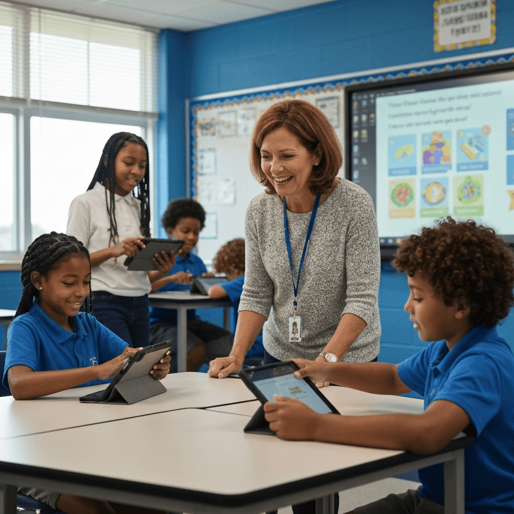 デジタル教材を表示したタブレットが並ぶ教室の風景