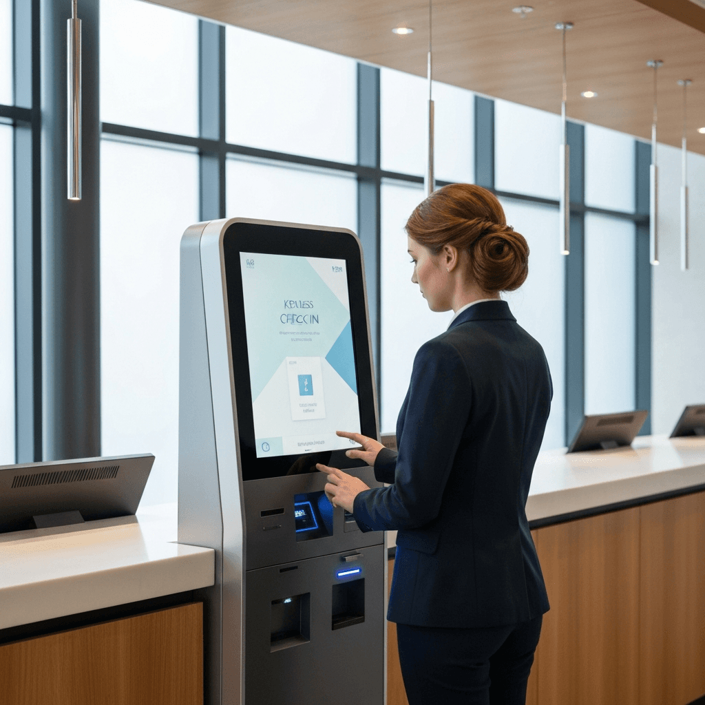 宿泊施設のロビーに設置されたセルフチェックイン用タブレット端末