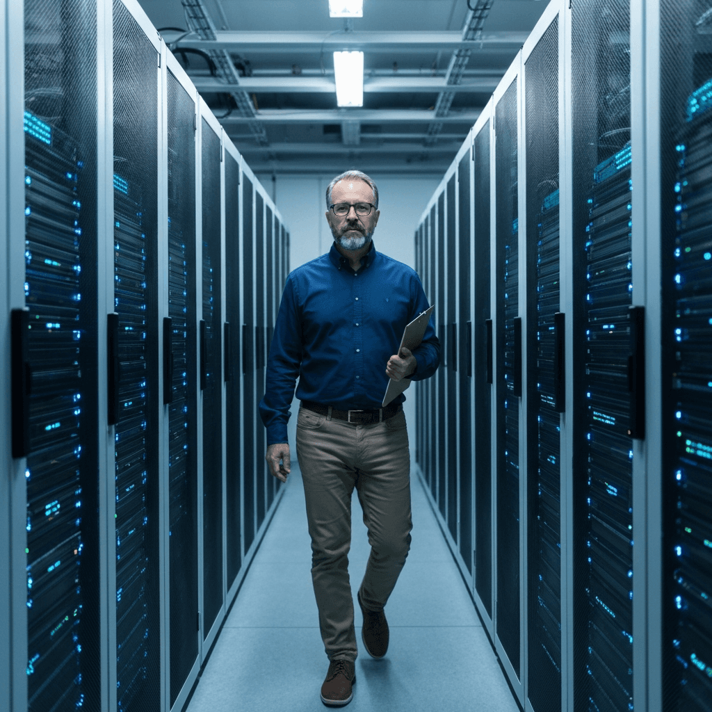 事務机の上のモニターに表示された業務自動化ワークフローの設計画面