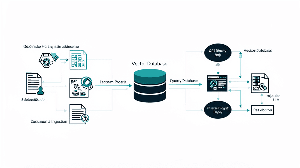 RAGアーキテクチャ図:ドキュメント取り込み、ベクトルDB、LLMによる回答生成の流れ
