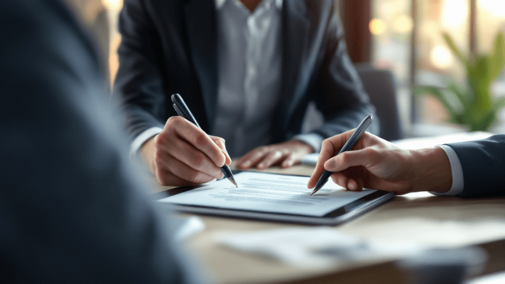 タブレット端末で電子契約書にデジタル署名する様子。クリーンなデスクでペーパーレス取引を行う二人のビジネスパーソン