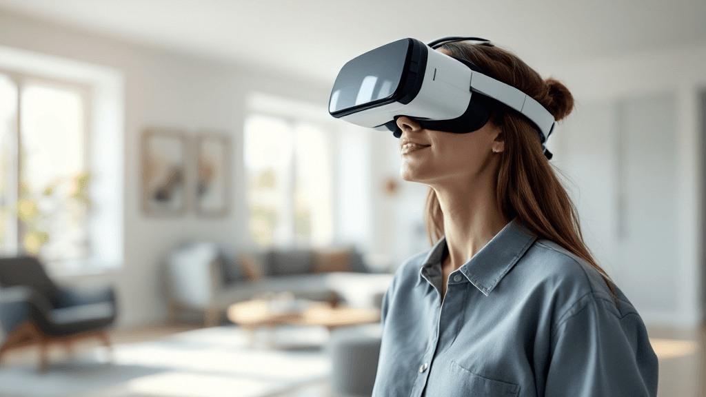 VRヘッドセットを装着して仮想内覧を体験している人物。モダンな室内で自然光に包まれている
