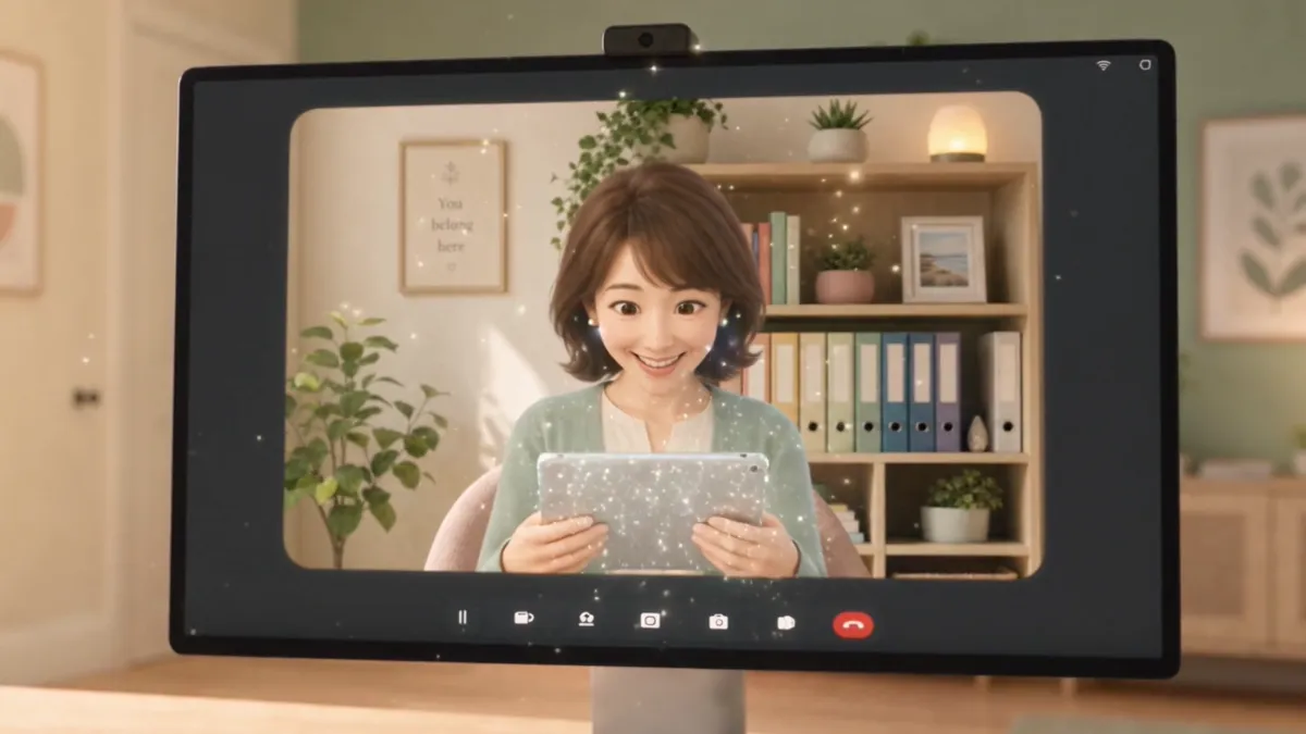 依頼者が、届いたアプリを手に笑顔になっている