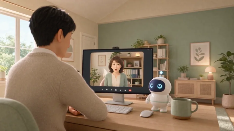 依頼者とオンラインで話し、ロボットが一緒に聞いている